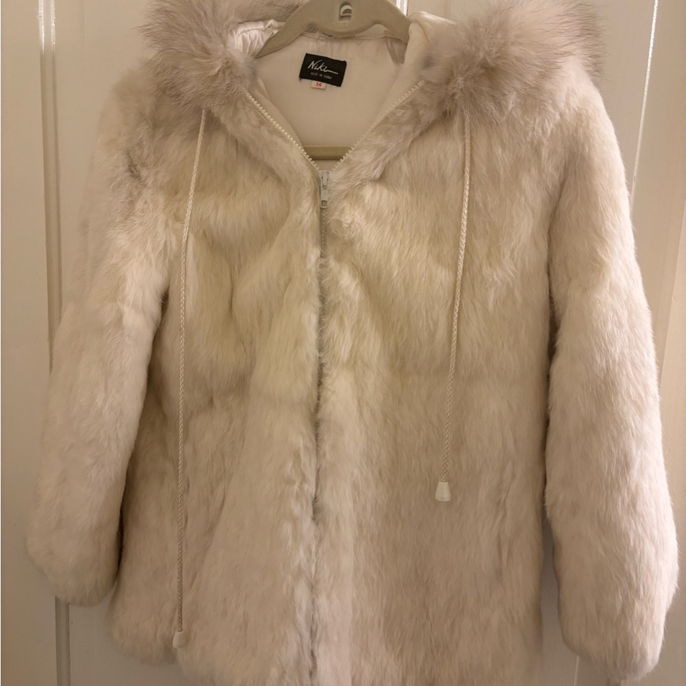 70’s Junior’s Winter White Rabbit and Fox Fur Hooded Coat